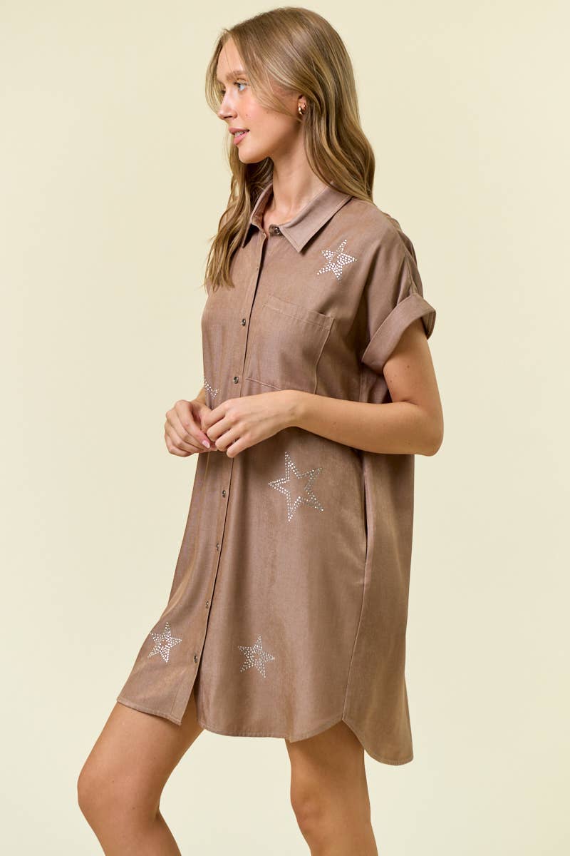 Doe and Rae - STAR STUDDED TENCEL SHIRT DRESS - 28102D: INDIGO / S