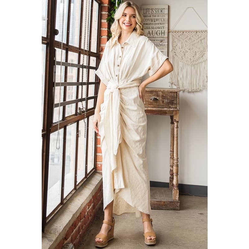 TIE WAIST BUTTON DOWN SHIRT DRESS; NATRL