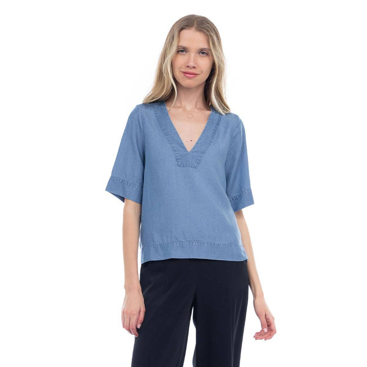 V-Neck Band Blouse: Dark Blue / M