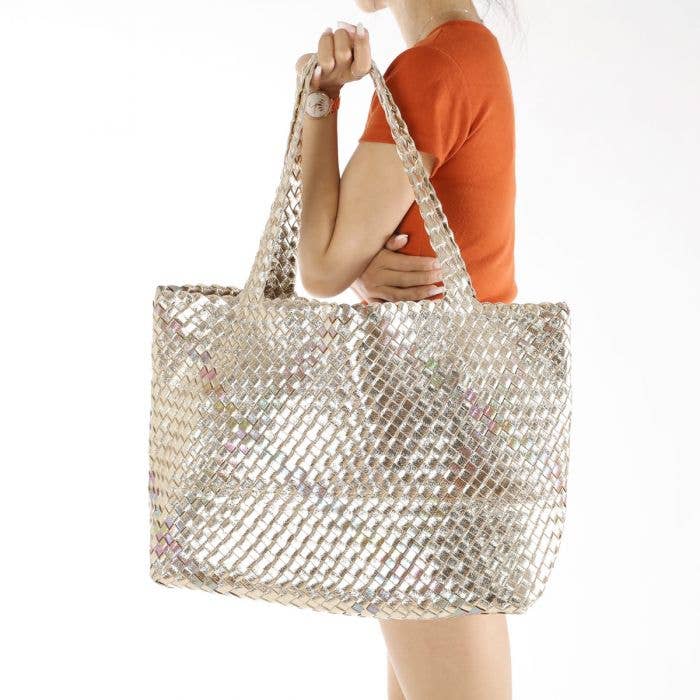 PEACH ACCESSORIES - 60262  Bag in Bag Large Weave tote bag: Gold