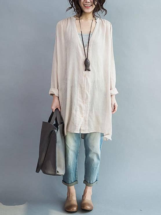 V-neck Two-pieces Blouses Shirt: BEIGE