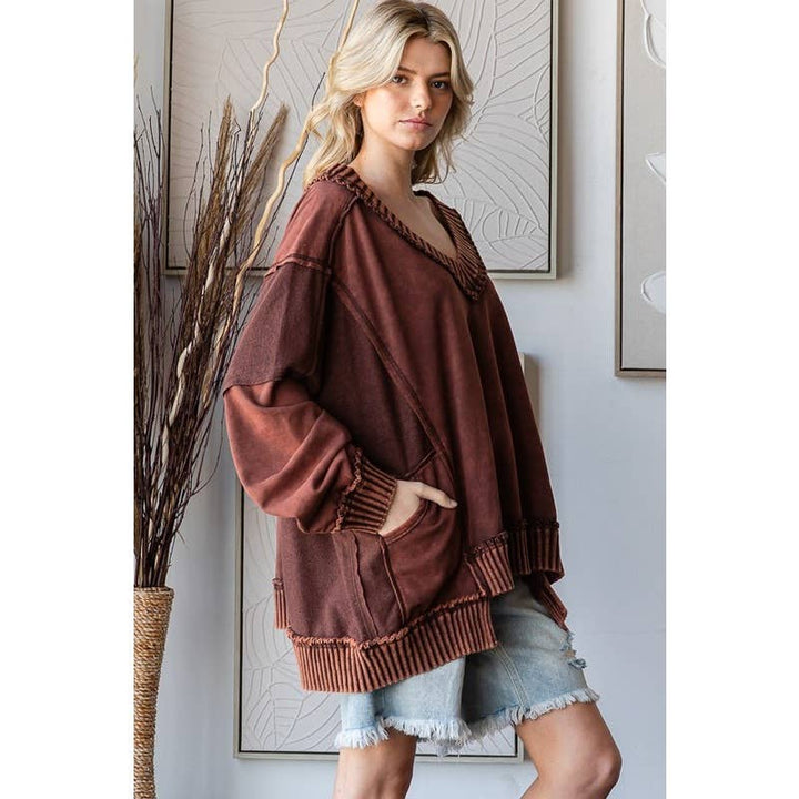 WIDE V NECK L/S TOP: BLACK