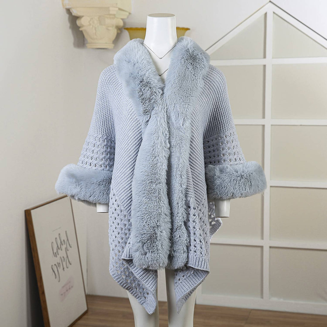 PE364 Hand knitted crochet fur trim cape: Ivory