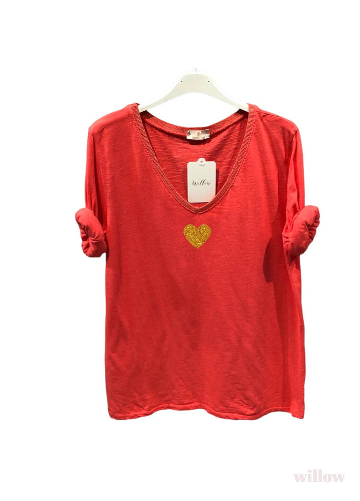 Gold heart long sleeve lurex collar top: Beige