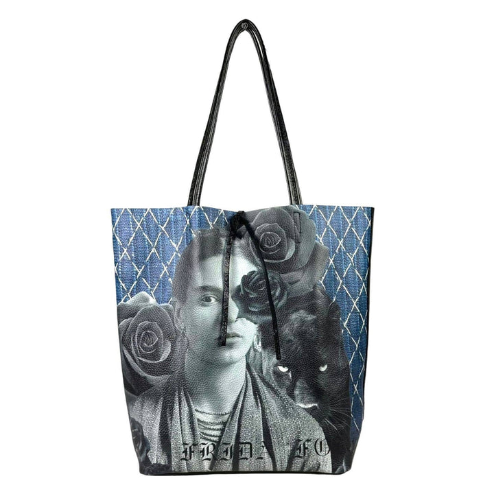 Leather Shopper Bag with Frida Kahlo: Blue