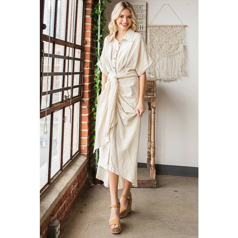 TIE WAIST BUTTON DOWN SHIRT DRESS; NATRL