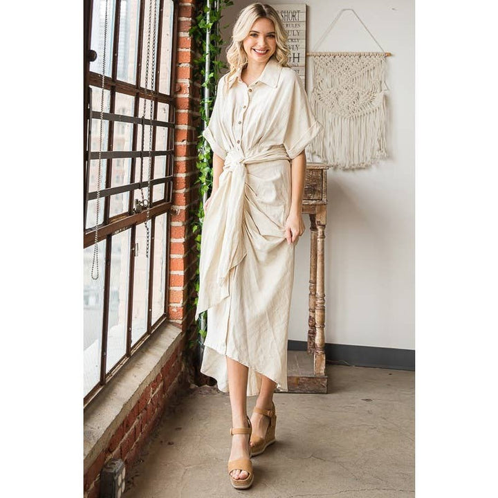 TIE WAIST BUTTON DOWN SHIRT DRESS; NATRL