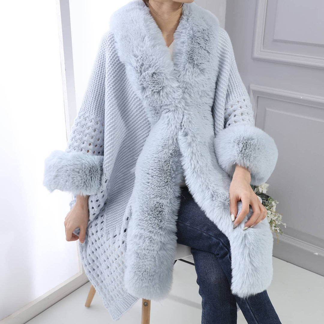 PE364 Hand knitted crochet fur trim cape: Silver
