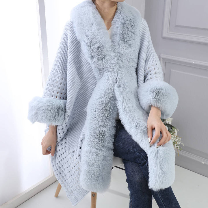 PE364 Hand knitted crochet  fur trim cape: Blush