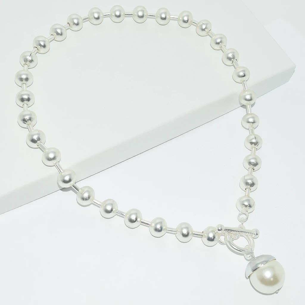 Ball Chain & Pearl Drop Necklace: Gold