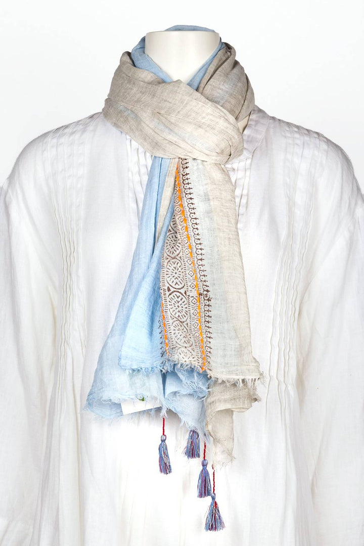 Anika Block Print Cotton Scarf: Grey Blue