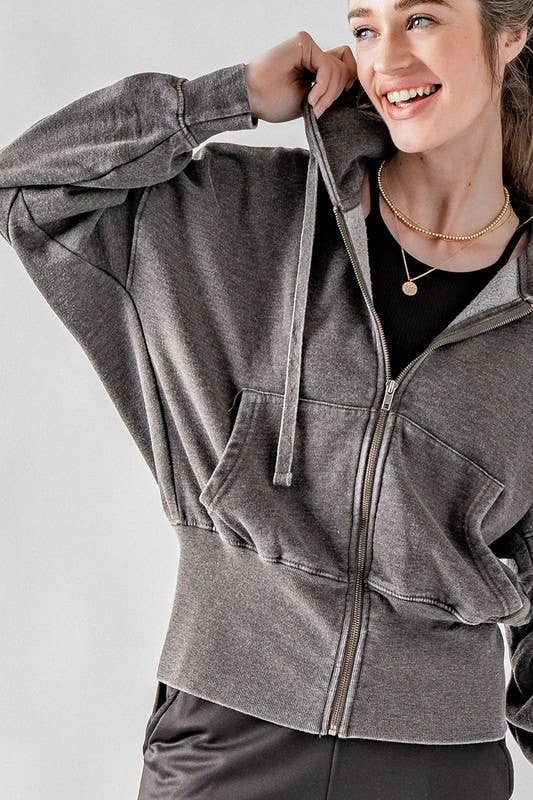 WASHED ZIP UP HOODIE JKT: BLUE FOG