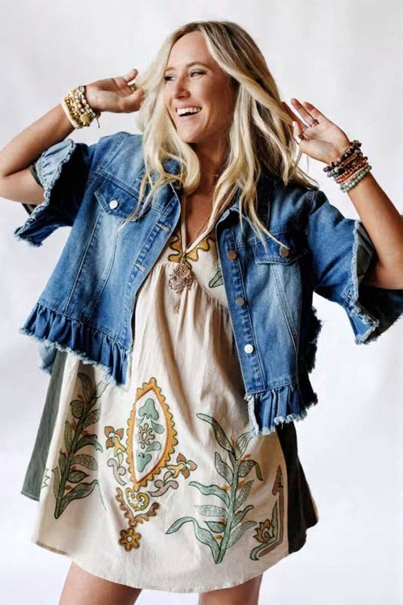 Frayed Denim Jacket: BLUE / M