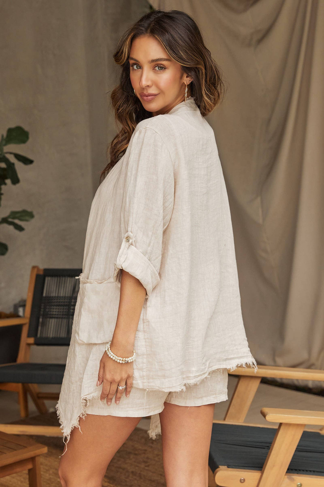 LINEN ASYMMETRICAL CARDI Beige / M