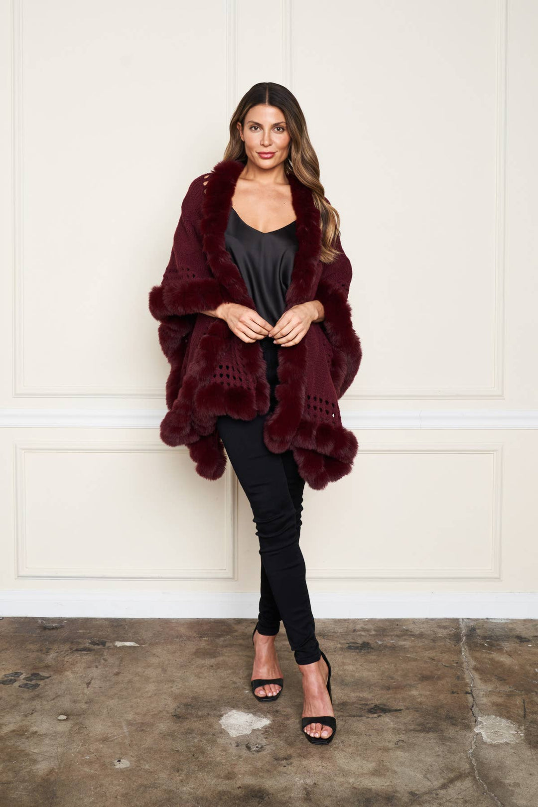 Faux Fur Trim Wrap: Wine
