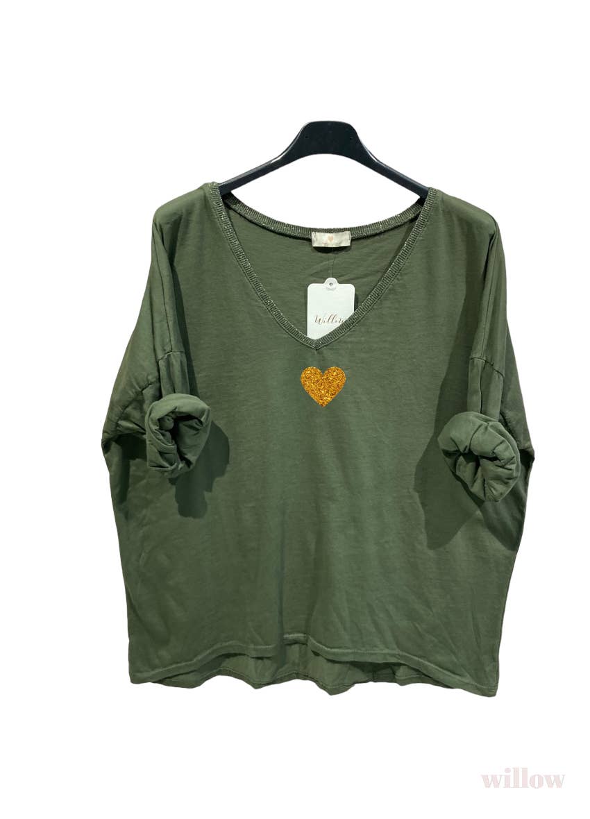 Gold heart long sleeve lurex collar top: Navy