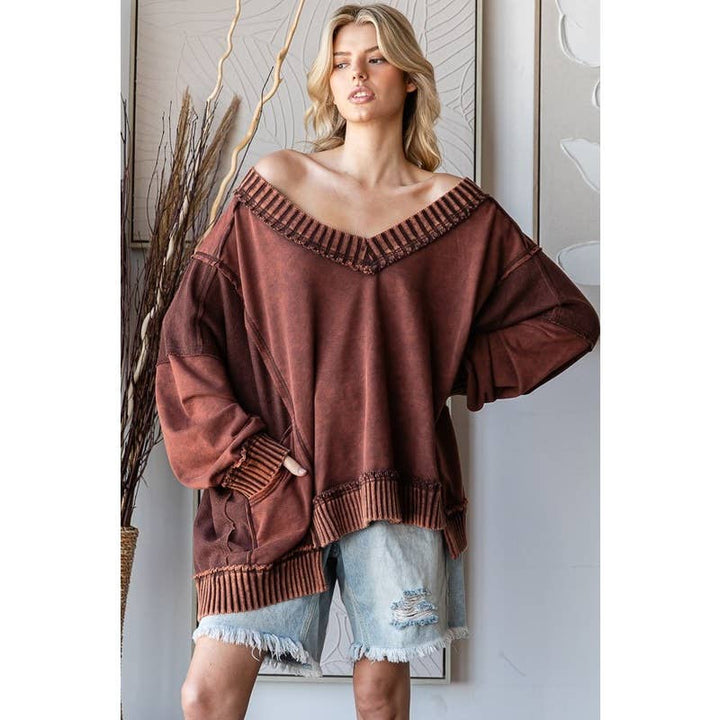 WIDE V NECK L/S TOP: BLACK