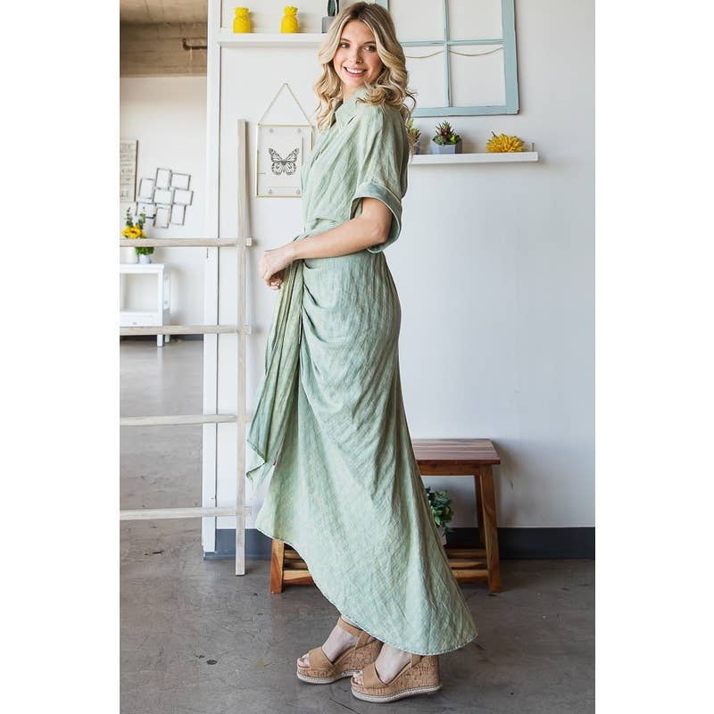 TIE WAIST BUTTON DOWN SHIRT DRESS; NATRL