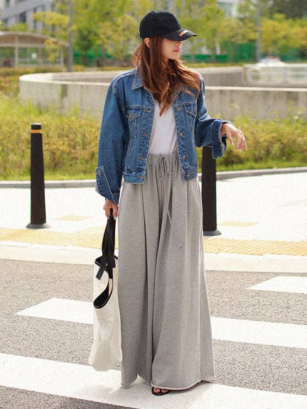 Loose Urban Gray Wide Leg Elastic Waist Pants: BLACK / M