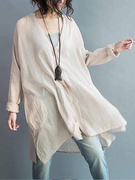 V-neck Two-pieces Blouses Shirt: BEIGE