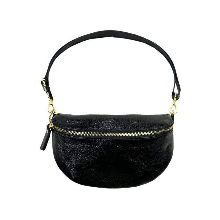 Metallic Leather Waist Bag: Black