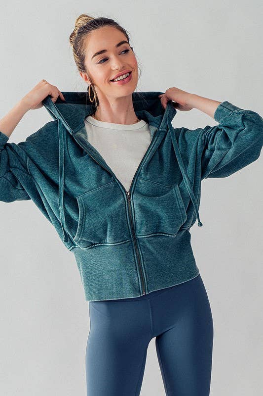 WASHED ZIP UP HOODIE JKT: BLUE FOG