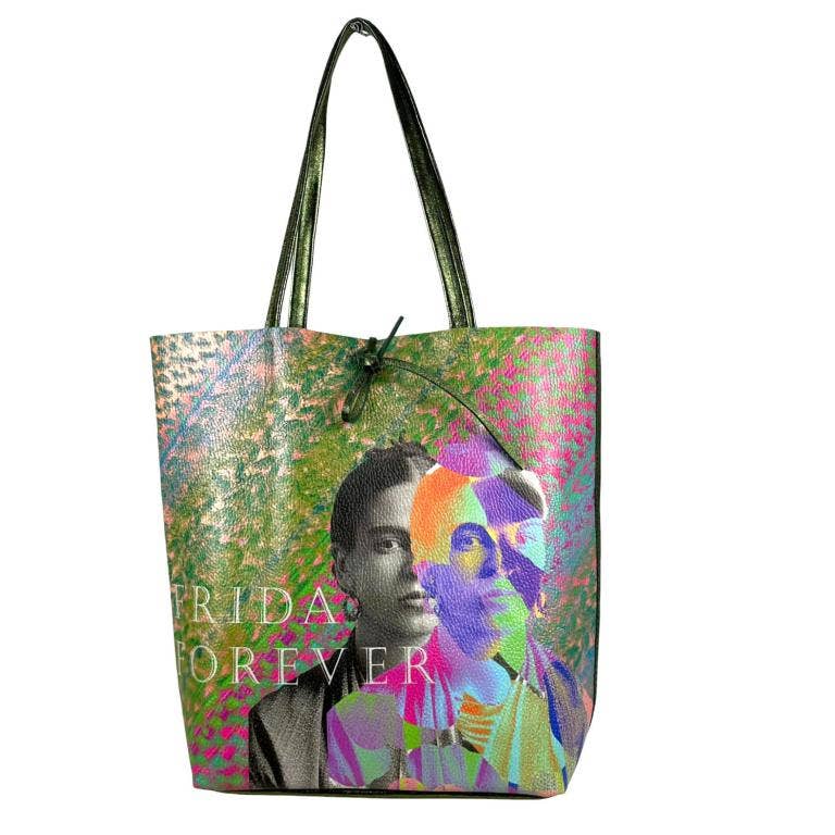 Leather Shopper Bag with Frida Kahlo: Blue