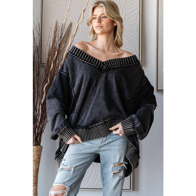 WIDE V NECK L/S TOP: BLACK