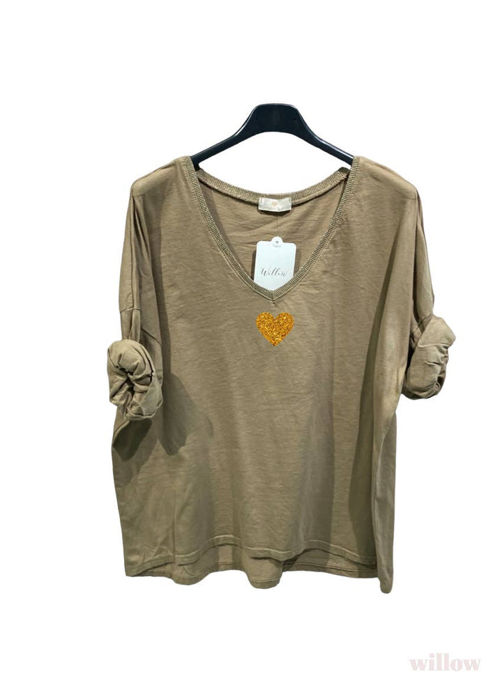 Gold heart long sleeve lurex collar top: Beige