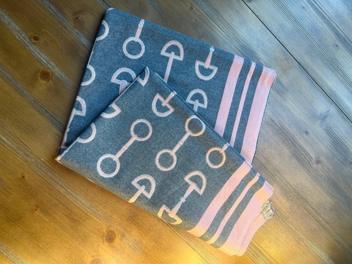Equipage - Equestrian Snaffle Bit Horse Design Wool Blend Scarf Wrap: Navy Blue