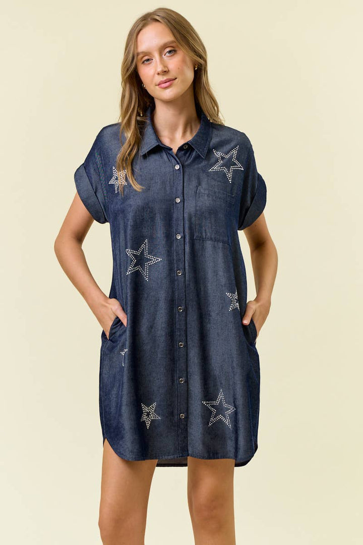 Doe and Rae - STAR STUDDED TENCEL SHIRT DRESS - 28102D: INDIGO / S