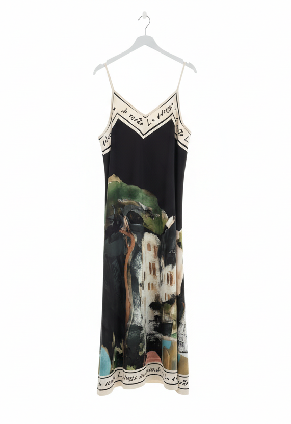 S/M-Italian Silk/Viscose Maxi Dress - BLACK : S/M
