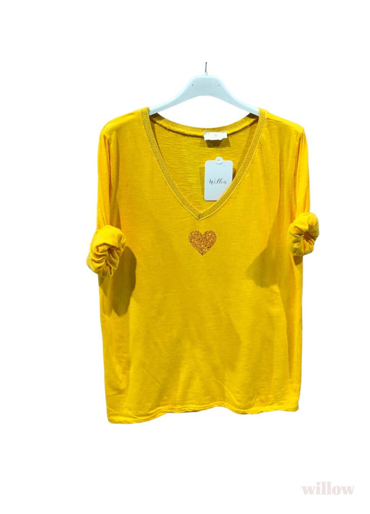 Gold heart long sleeve lurex collar top: Fuchsia