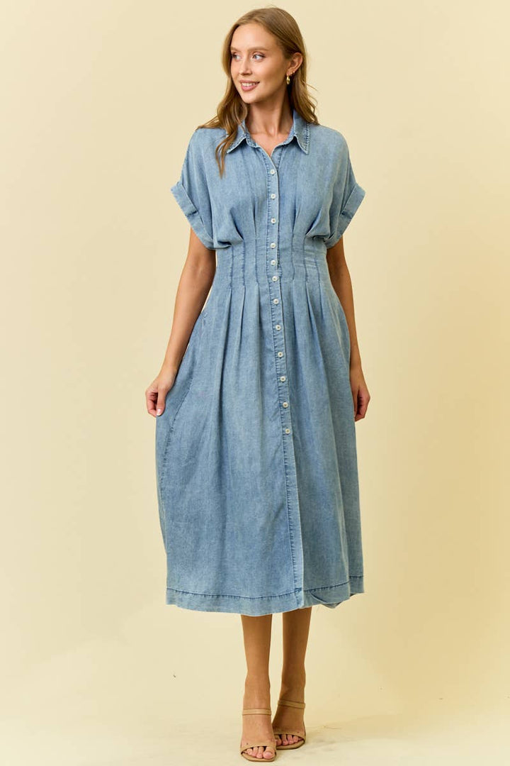 DENIM DIFING PLEAT DRESS / M