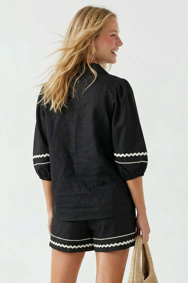 Puff Sleeve Linen Blouse: Navy / S