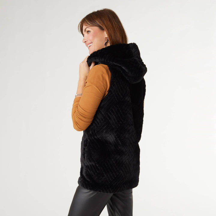 Faux Fur Hooded Vest: Black / S/M