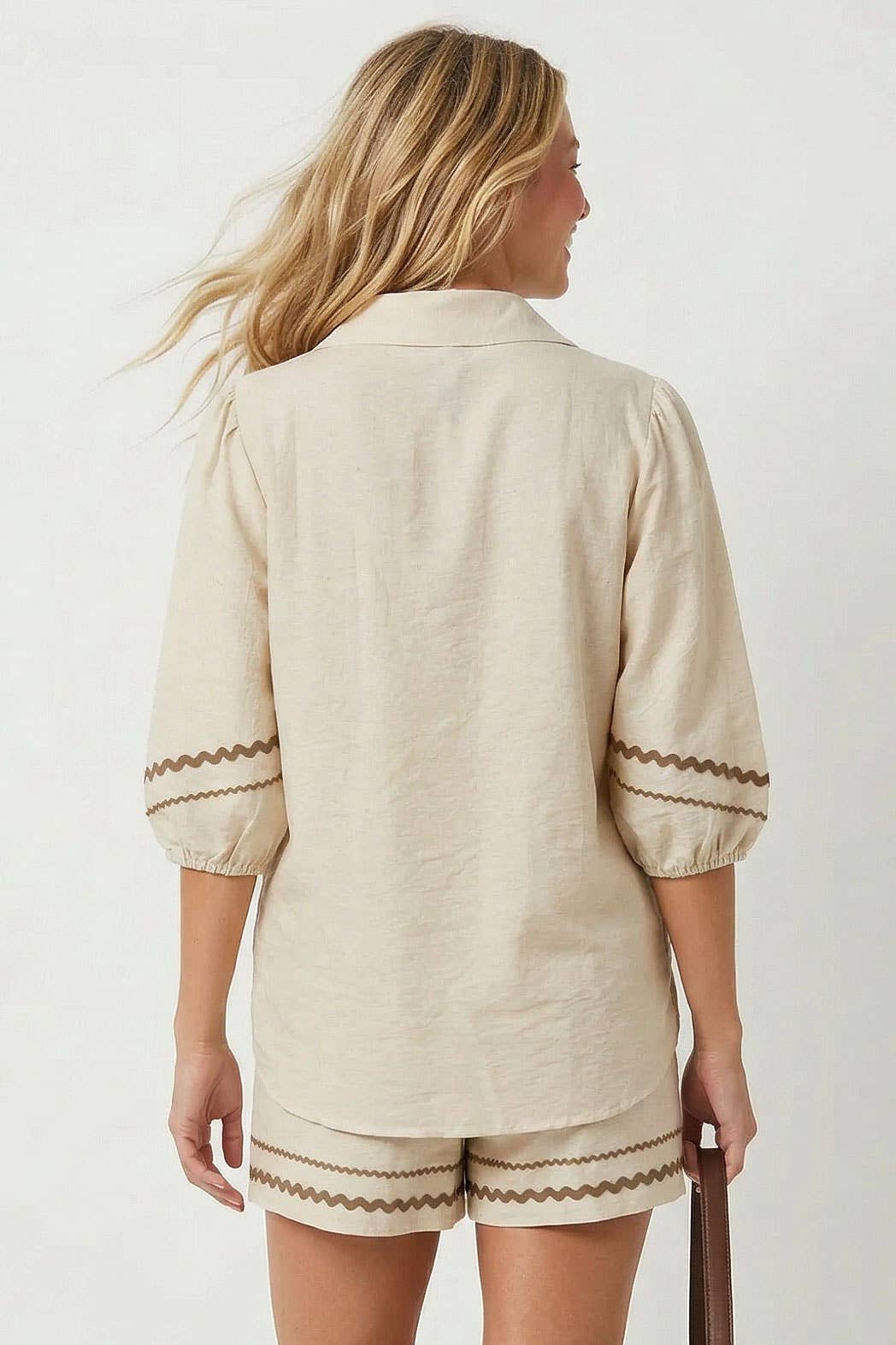 Puff Sleeve Linen Blouse: Navy / M