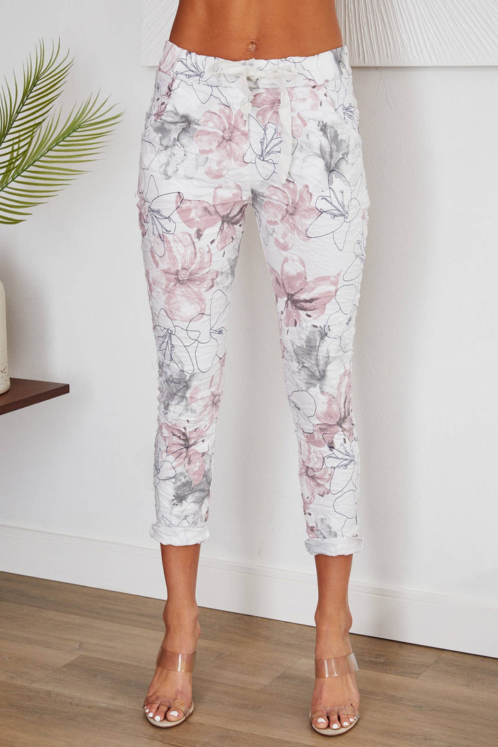 FLORAL PRINT CRINKLE JOGGER WHT): XS