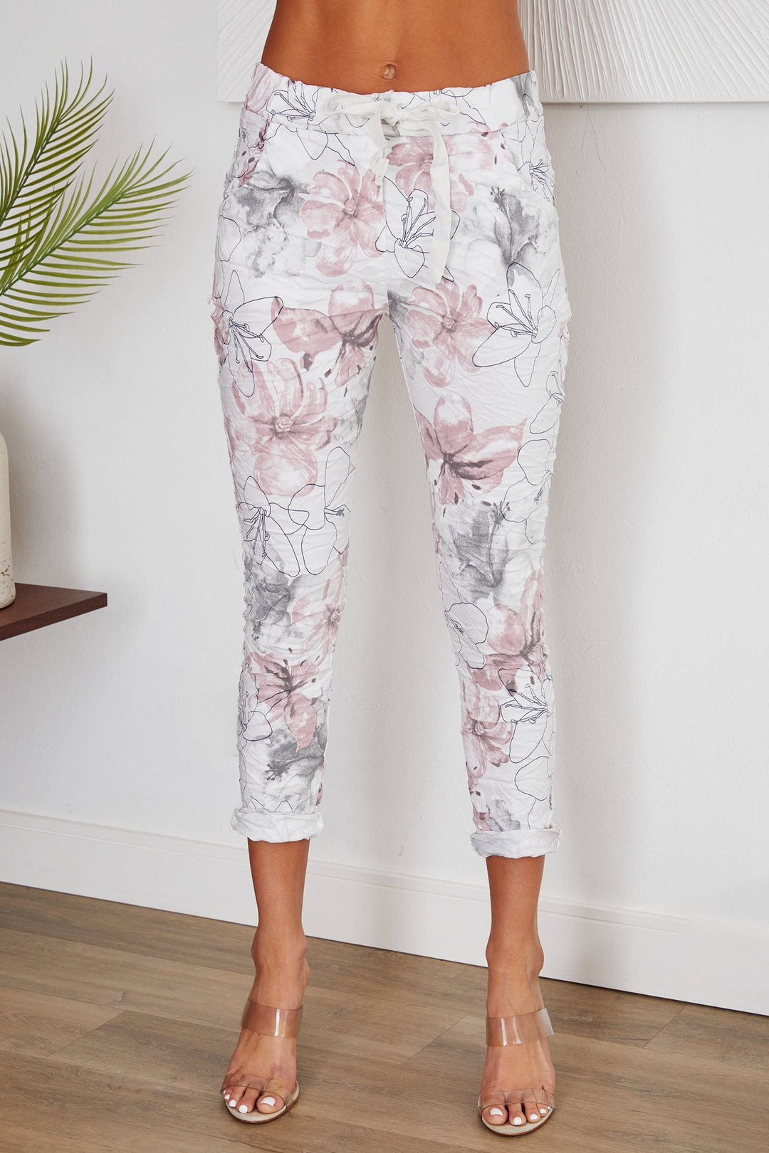 FLORAL PRINT CRINKLE JOGGER WHT): L