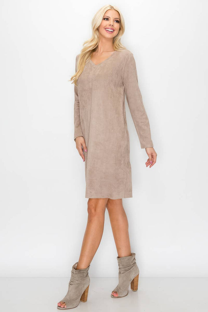 Aurora V-Neck Suede Dress: KHAKI / XS / 2059V