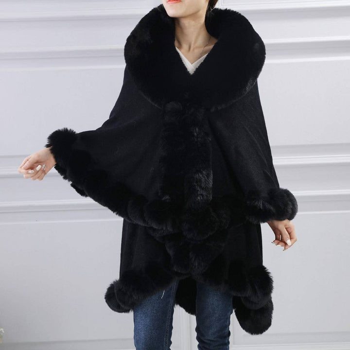 PE371 Double layer fur trimmed capes: Black