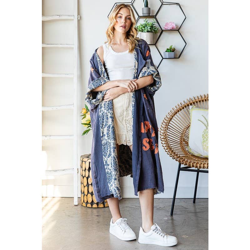 STAR BUTTON FRONT DUSTER: BLUE