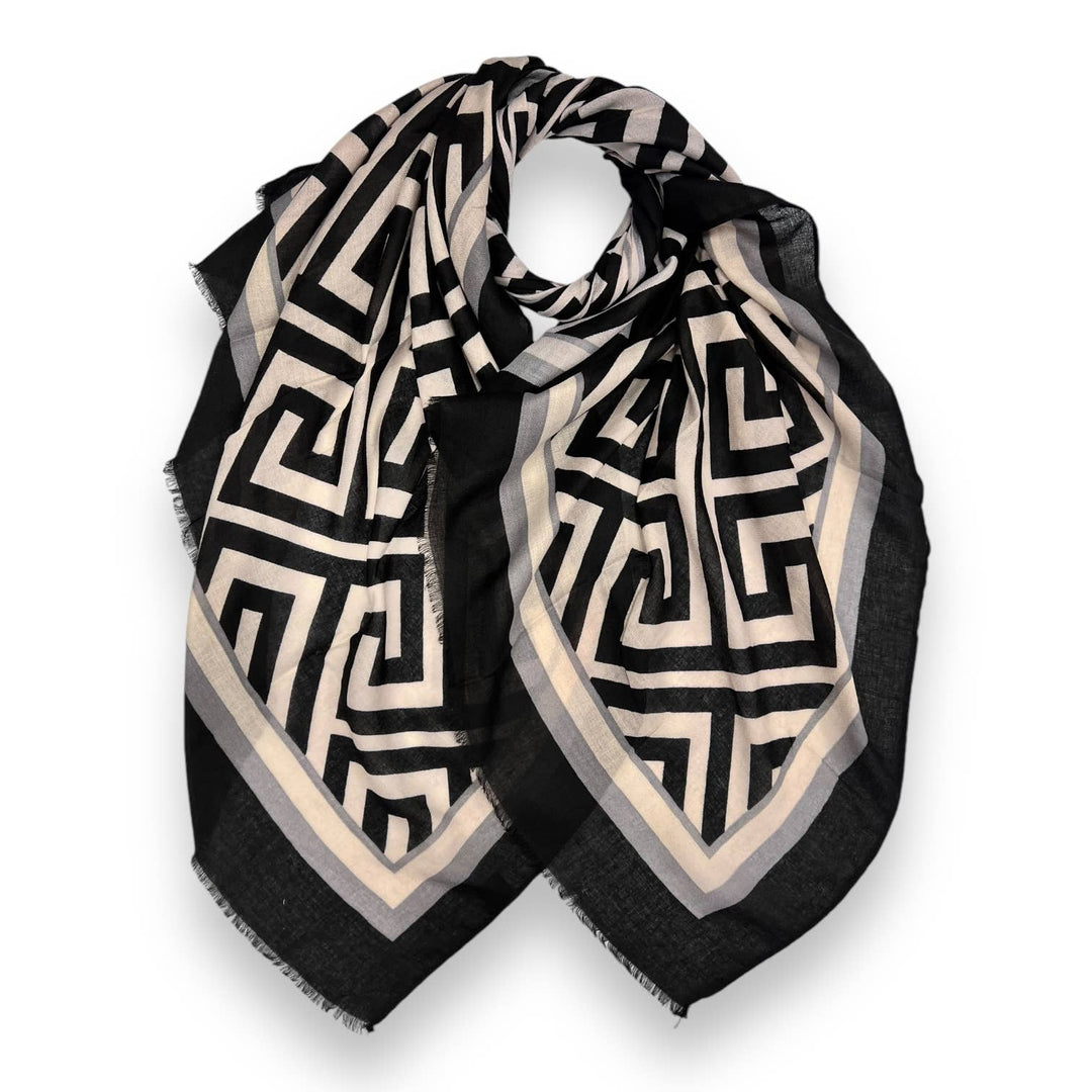 maze print scarf fringes: Black