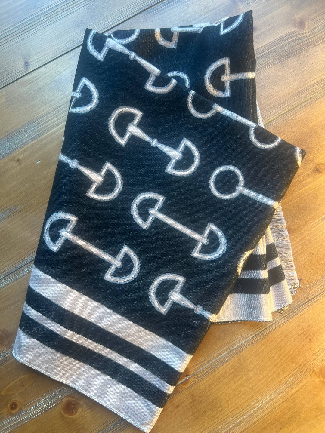 Equipage - Equestrian Snaffle Bit Horse Design Wool Blend Scarf Wrap: Navy Blue