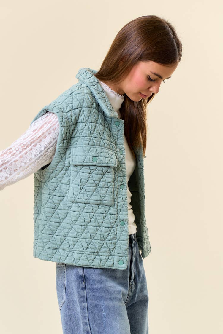 Doe and Rae - QUILTED POINT COLLAR FLAP PATCHED POCKET VEST - 10626J-1: OAT / M