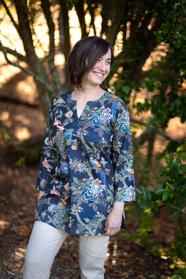 Vintage Bird Print Tunic: Grey / M