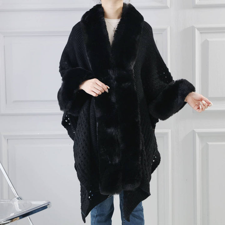 PE364 Hand knitted crochet  fur trim cape: Blush