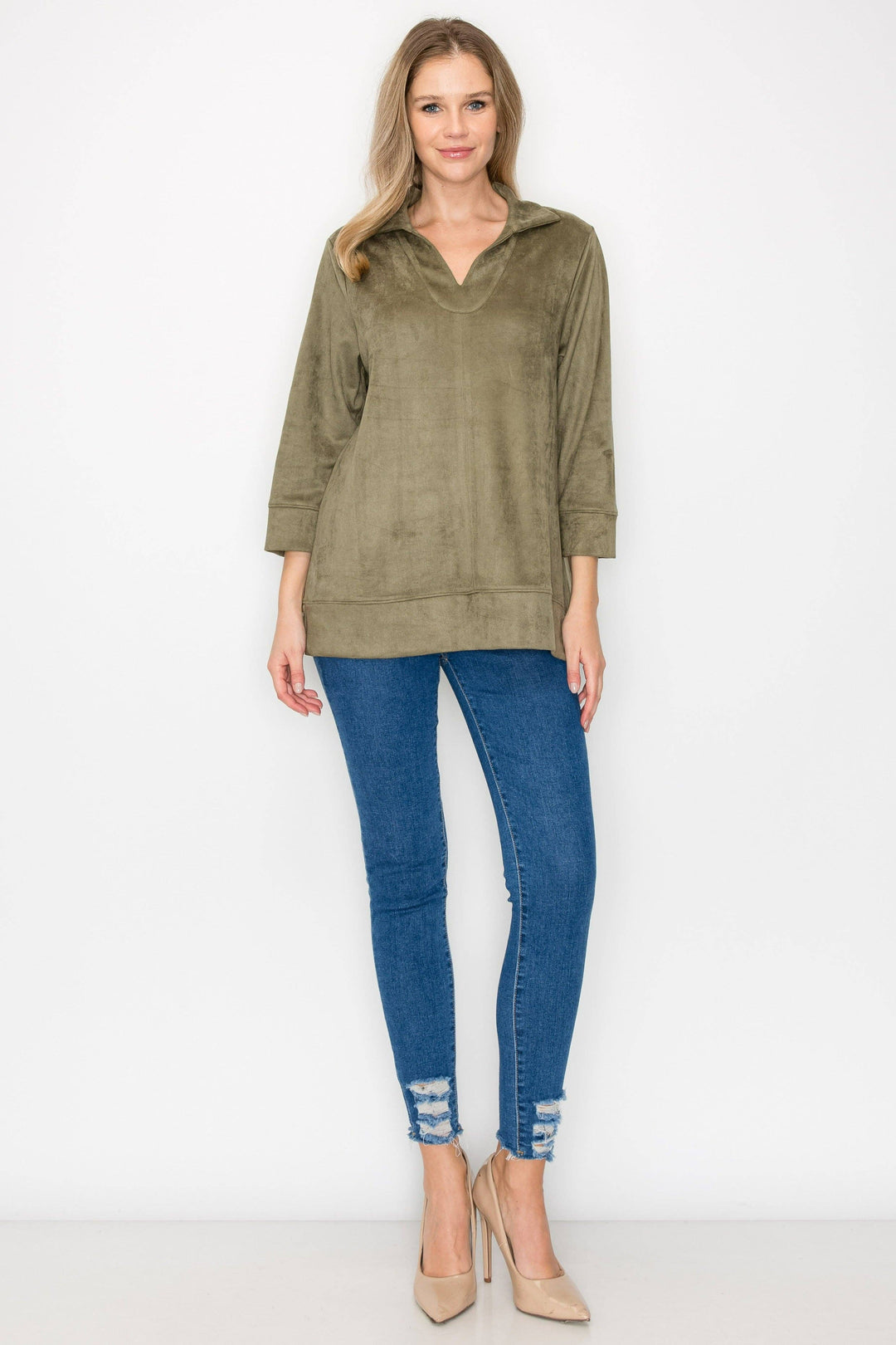 Addison Stretch Suede Top: Khaki / XL / 53063A