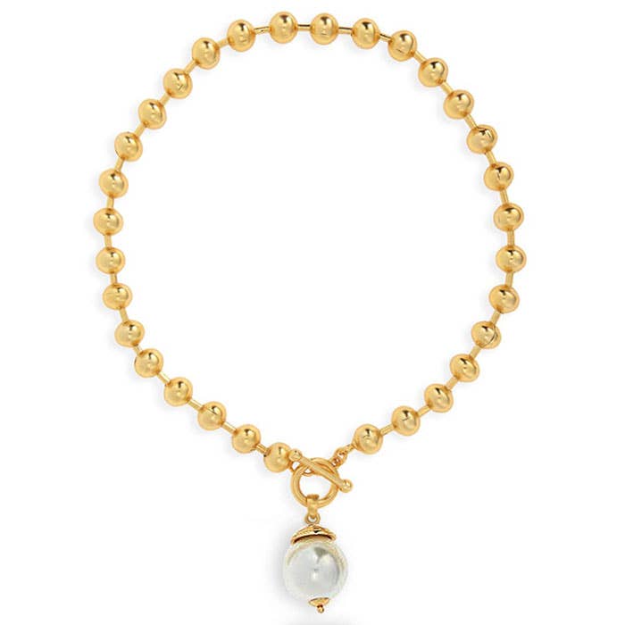 Ball Chain & Pearl Drop Necklace: Gold