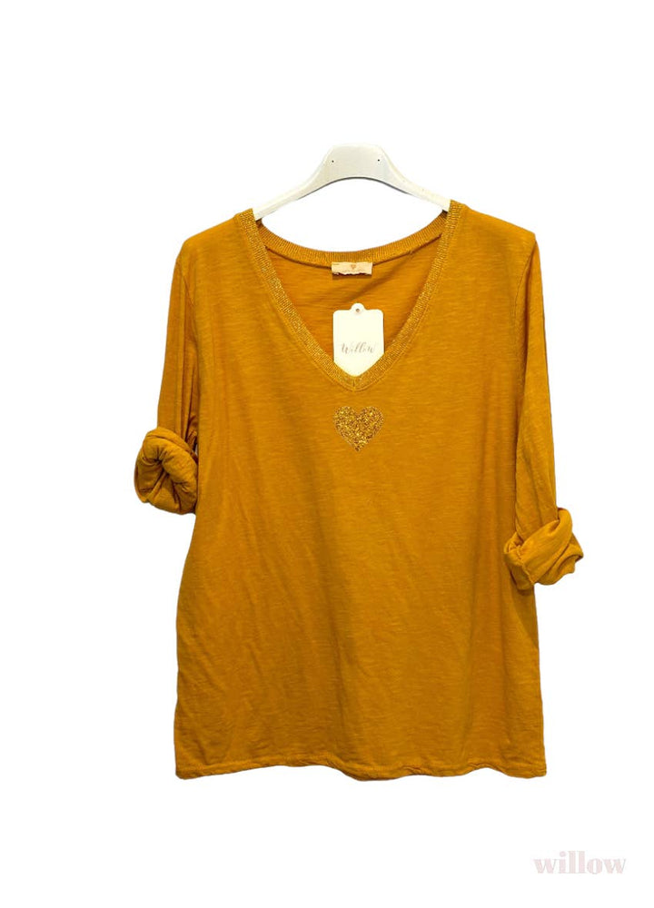 Gold heart long sleeve lurex collar top: Black